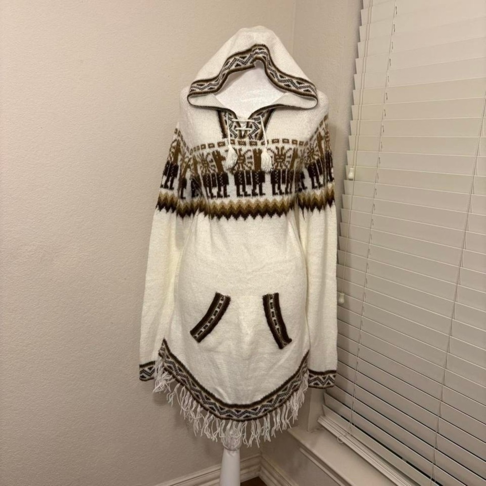 Kactus one size white and brown alpaca mayan aztec llama hoodie boho hippie
